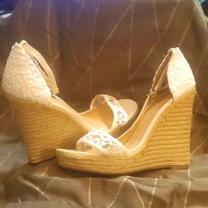 Beige Lace wedge heeled sandals